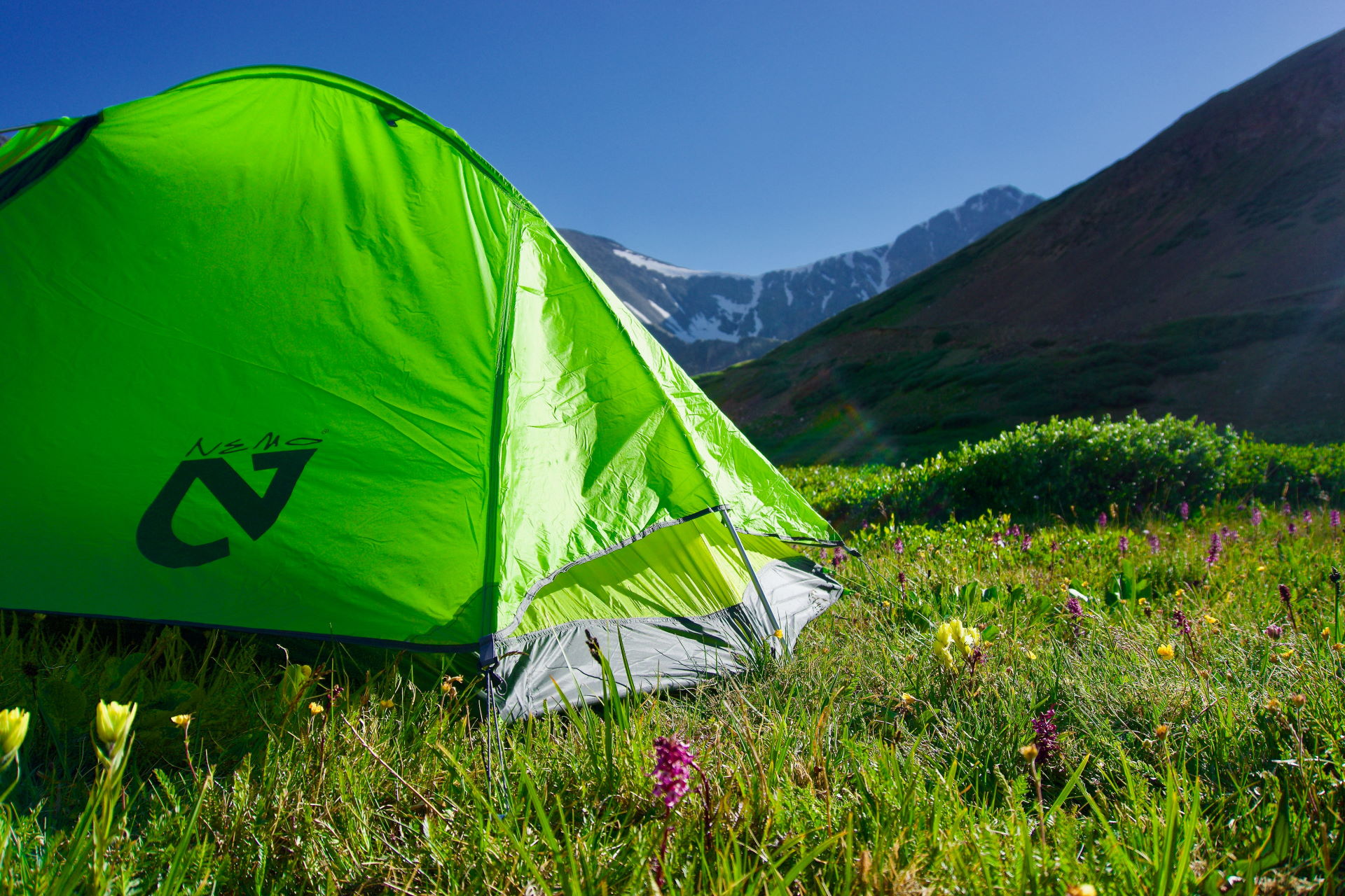 Grünes Zelt auf einer Bergwiese