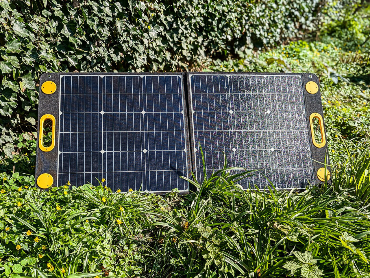 Togo Power 100W Advance Solar Panel - Test, aufgebaut, in der Sonne, frontal, Natur, Garten